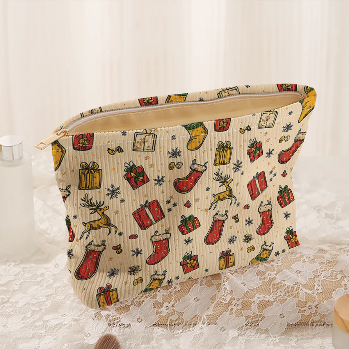 1 Christmas themed corduroy makeup bag, lightweight zipper makeup storage box, multifunctional bag with lining