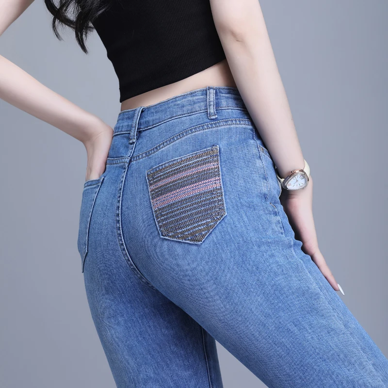 

New Light Blue Slim Jeans Stretch Straight Skinny Ankle Length Fashion Pockets Designer Denim Pants Female Streetwear