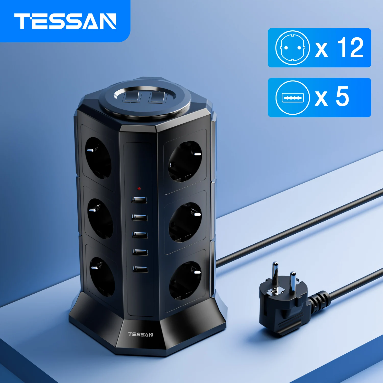 TESSAN 수직 타워 멀티탭, 멀티탭 콘센트 과부하 보호, 유럽 한국 플러그, 12 콘센트, 5 USB, 2M 익스텐션 코드