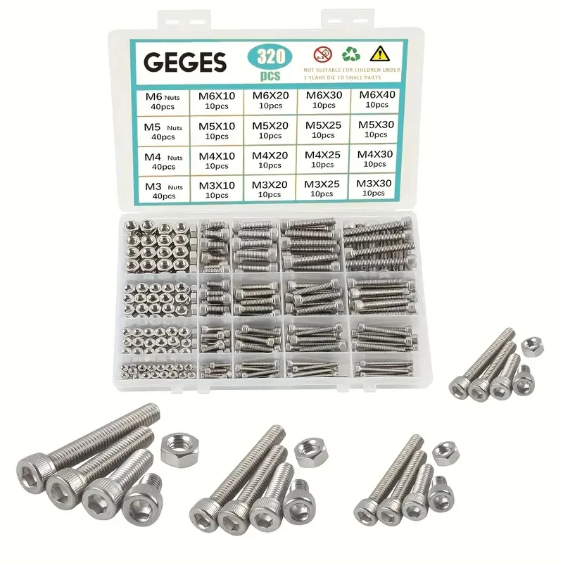 320 stainless steel nut and bolt kits -M3, M4, M5, M6 sizes with hexagonal socket for bicycle, 3D printer and furniture repair