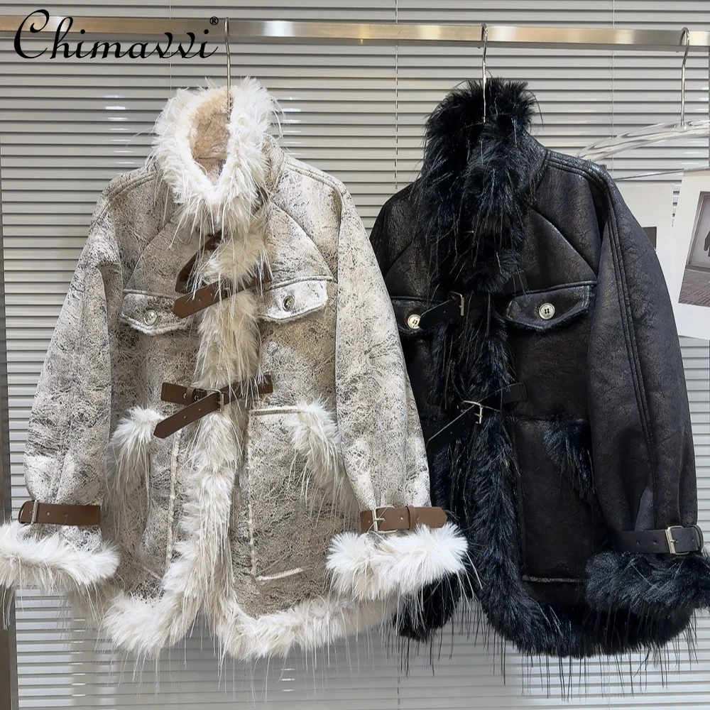 

Winter New Fashion Hot Girl Belt Strap Burr Jackets High-End Light Luxury Warm Long Sleeves Streetwear Elegant Women's Coat