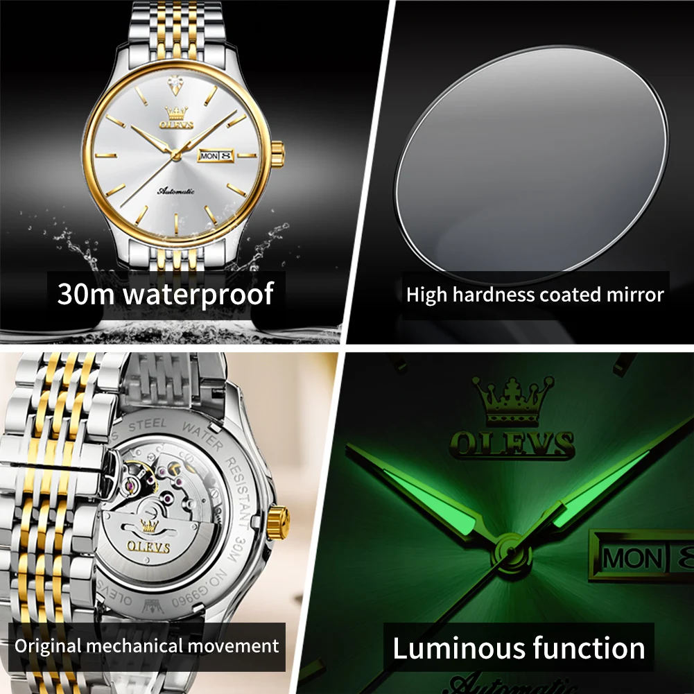 OLEVS New Fashion Mechanical Watch for Men Stainless Steel Waterproof Week Date Mens Watches Top Brand Luxury Relogio Masculino