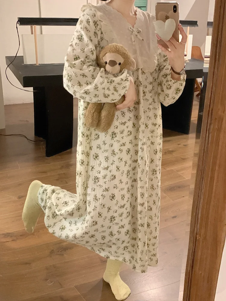 Lace Soft Floral Girlish Style Spring Sweet Long Sleeve NightDress Printing Flowers Elegant Casual Pajama Set Princess Sleepwear