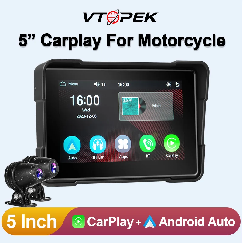 

Vtopek 5 Inch Motorcycle DVR IPS Screen Front and Rear Camera Dash Cam Wireless Carplay Android Auto Bluetooth GPS Navigation
