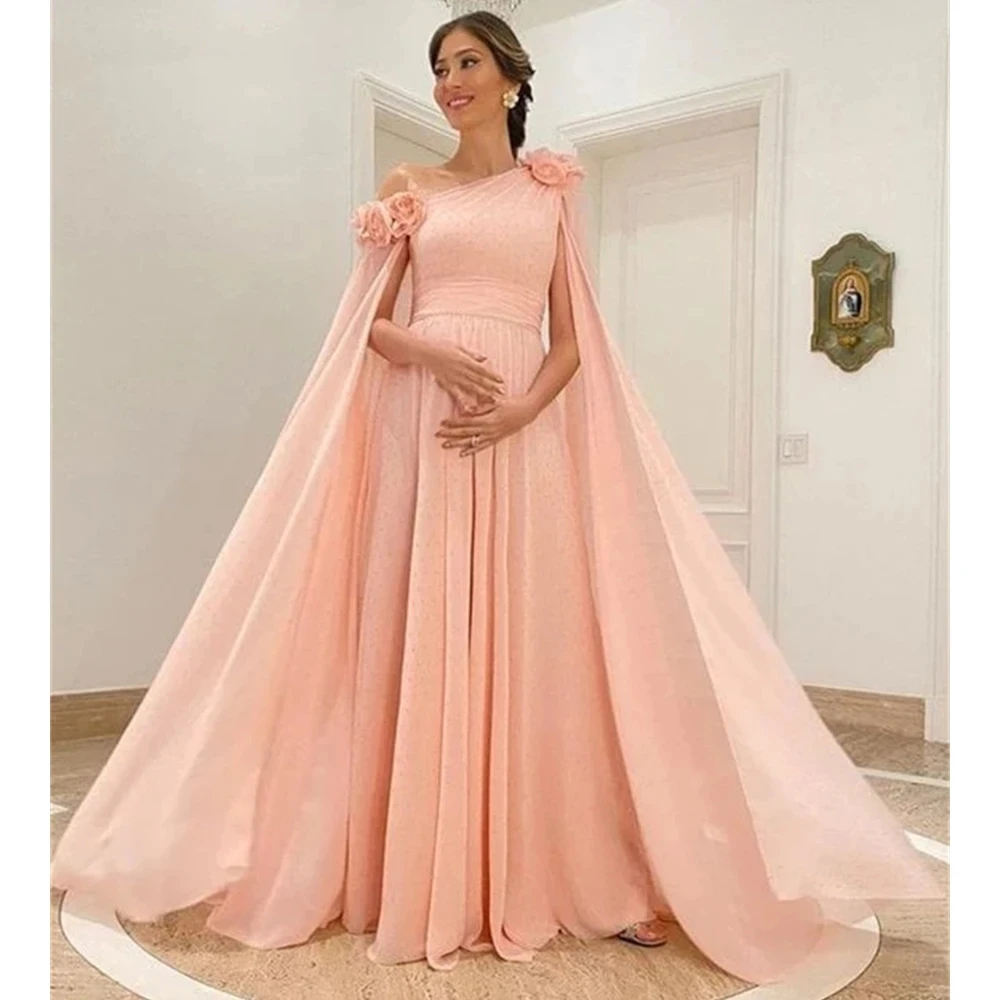 

2024 New Pink Simple A-Line Evening Dresses One Shoulder Party Prom Gowns Pleat 3D Flowers Chiffon Vestido De Fiesta Custom Made