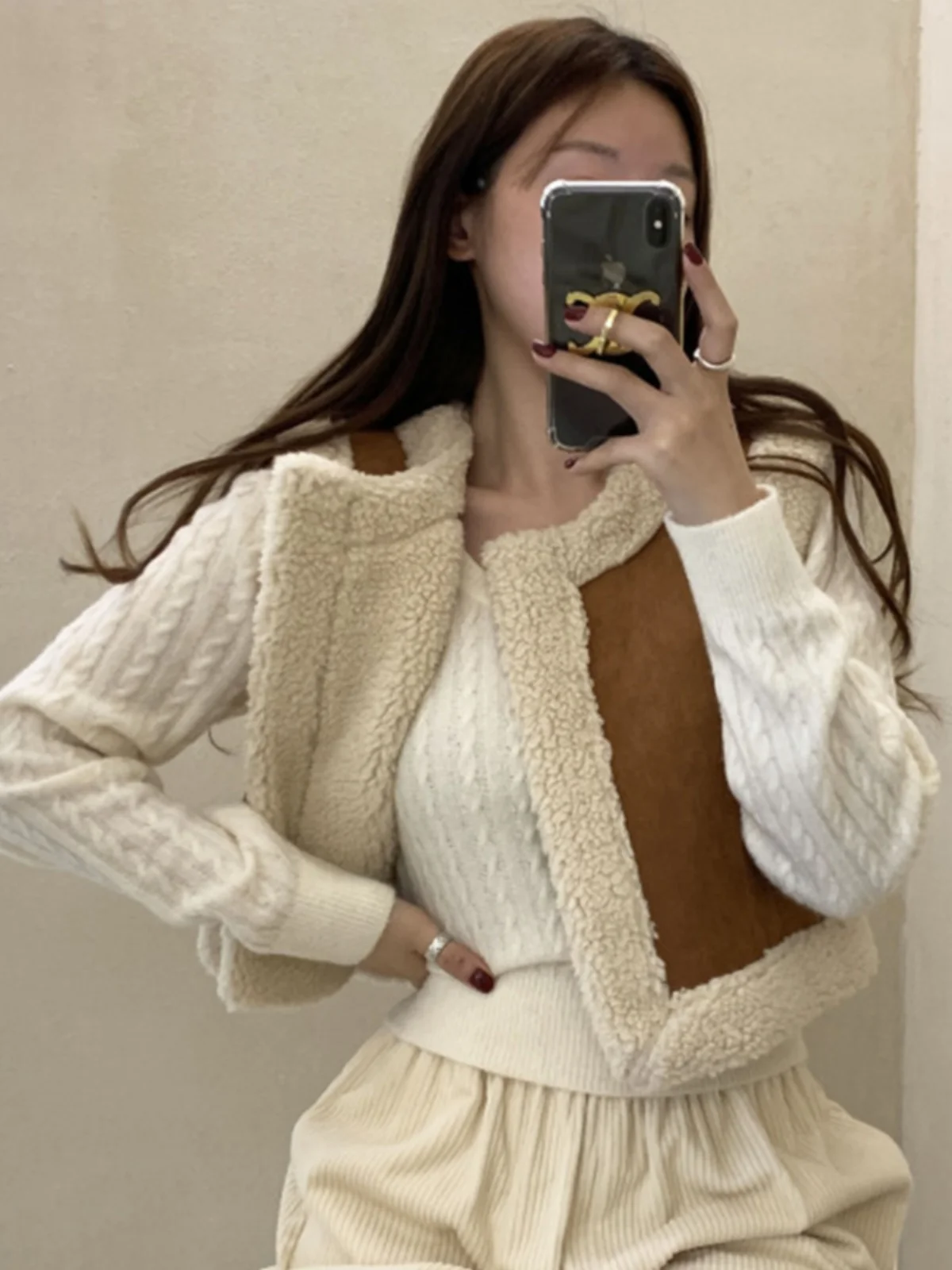 Women's ort Lamb Fur Spliced Suede Vest Jaet Double-Sided Wear Winter Faion Thiened round Ne No-Cuff  Color