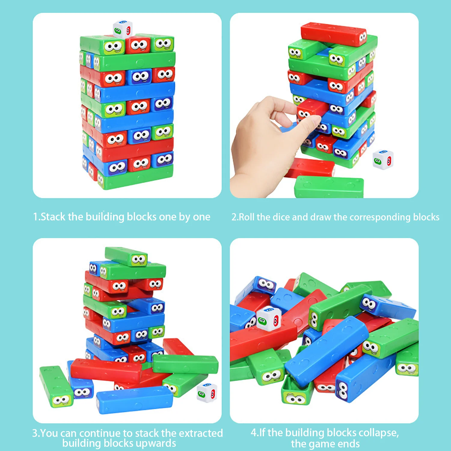 Timber Tower Block Stacking Game, Colored Cartoon Plastic Building Blocks Board, Educational Toy Game, Brick Tower Stacking Game 3