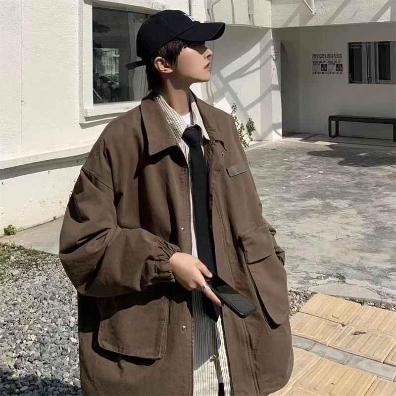 

2022 Men's Workwear Cargo Black/brown Coat Fashion Trend Loose Streetwear Jacket Handsome Clothes Lapel Collar Outerwear M-2XL