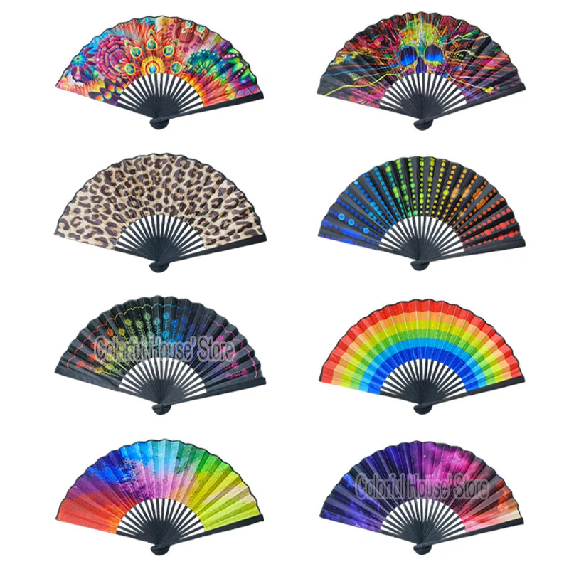 

23 см, искусство, подарок для рукоделия, Свадебный танцевальный Ручной Веер, DJ, красочный радужный узор черепа, ручные веера, украшение для дома