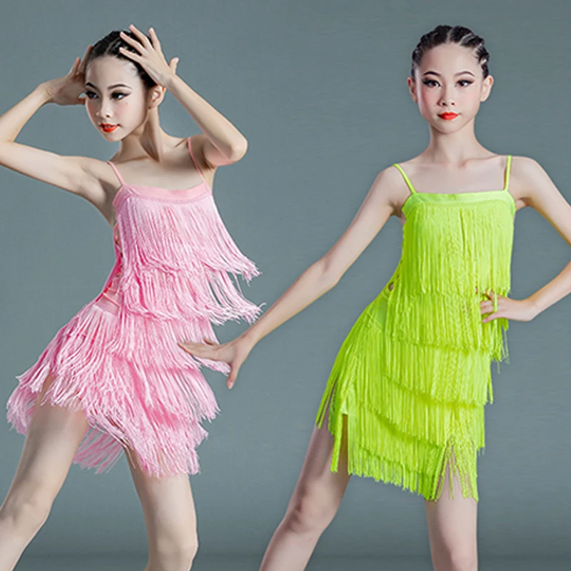 Vestido de baile latino para niñas, traje de competición con flecos ...