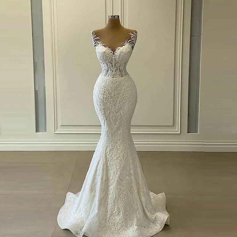 

White Mermaid Wedding Dress Sleeveless Bridal Gown Lace Marriage For Women Appliques Vestidos De Novia