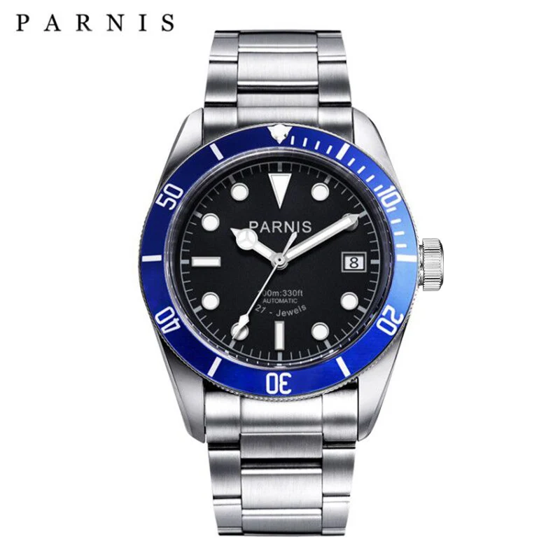 

Parnis 41mm Blue Bezel Automatic Mechanical Men Wristwatches Sapphire Crystal 316L Stainless Steel Watch For Men reloj hombre