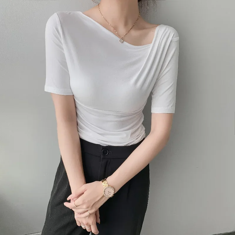 

Women Basic Cotton Short Sleeve Slim Elastic T-shirts New Fashion Skew Collar Folds Tops Ladies Elegant Summer Sexy Tee Shirt