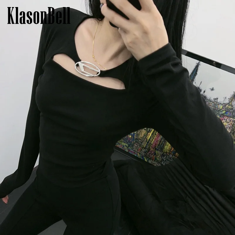 

12.20 KlasonBell Solid Color Fashion Sexy Hollow Out Metal Design Long Sleeve Slim T-Shirt Women