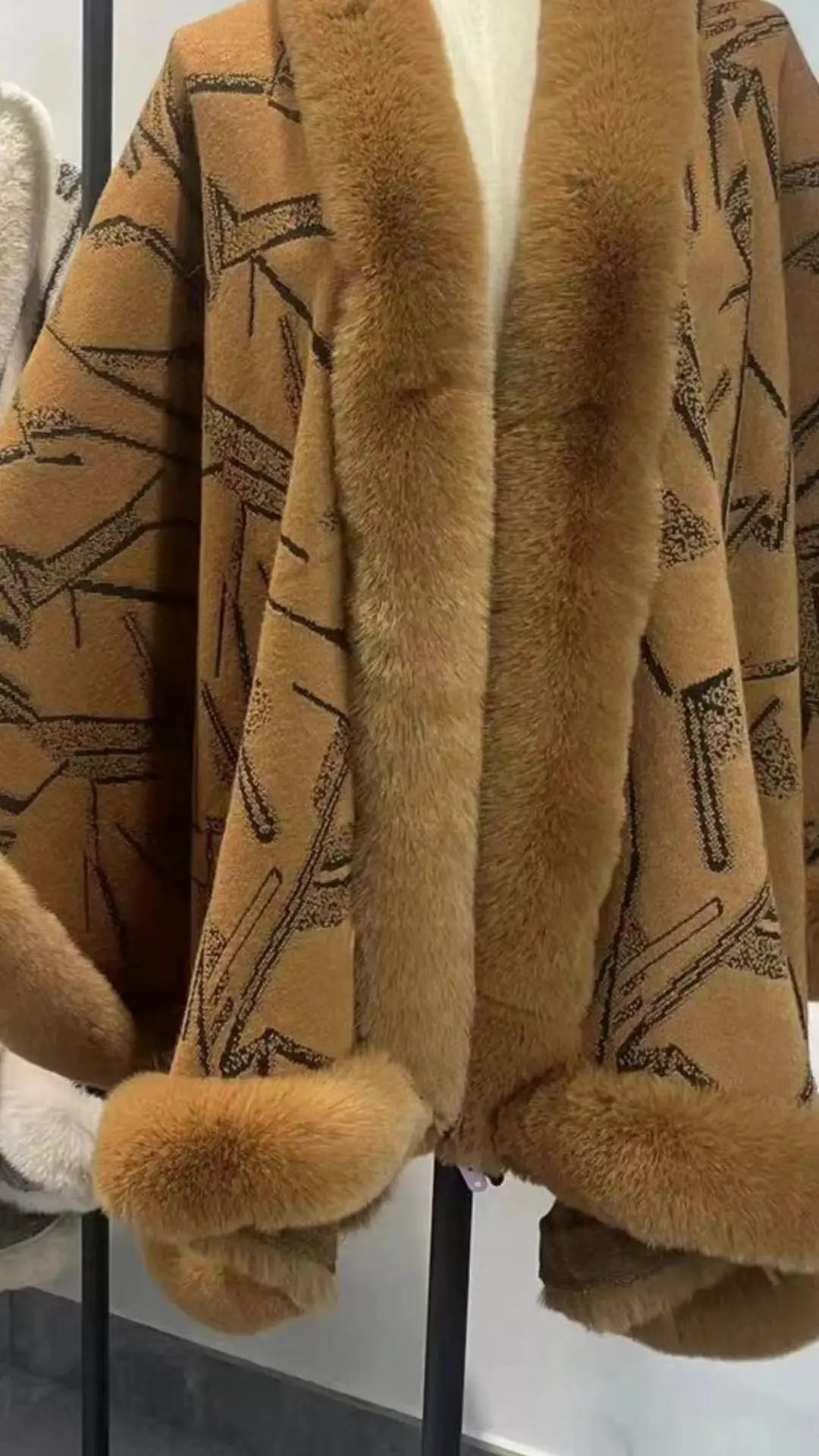 6 Colors Long Faux Rabbit Fur Collar Winter Streetwear Cloak Women Jacquard Weave Poncho Capes Thick Warm Cardigan Coat