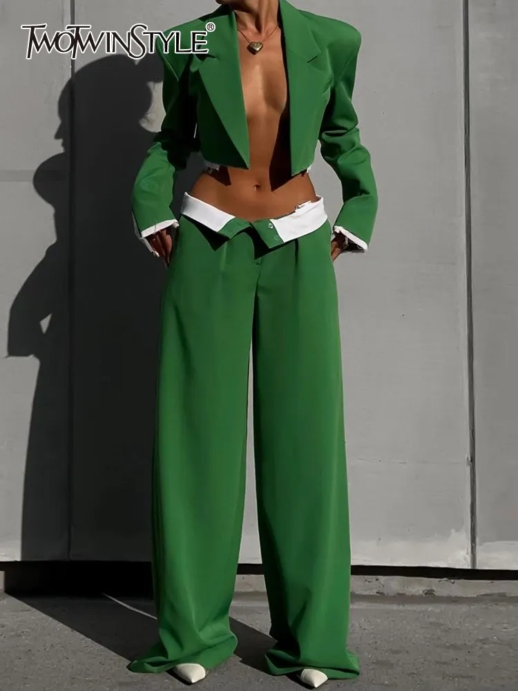 TWOTWINSTYLE Hit Color Two Piece Sets For Women Notched Long Sleeve Blazers High Waist Straight Wide Leg Pants Chic Set Female women s fashion suit jacket matching set 2023 spring autumn new loose blazers coat pants two piece korean chic trousers sets