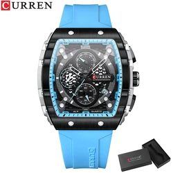 CURREN Sports Rectangular Quartz Watch with Large Dial and Silicone Band (Blue box)