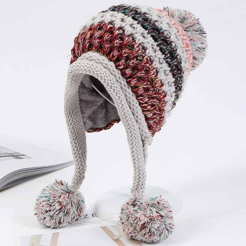 

2022 New Winter Knitted Hats Women Patchwork Pompon Balls Earflap Caps Ladies Warm Thick Winter Beanies Female Beanie Hat