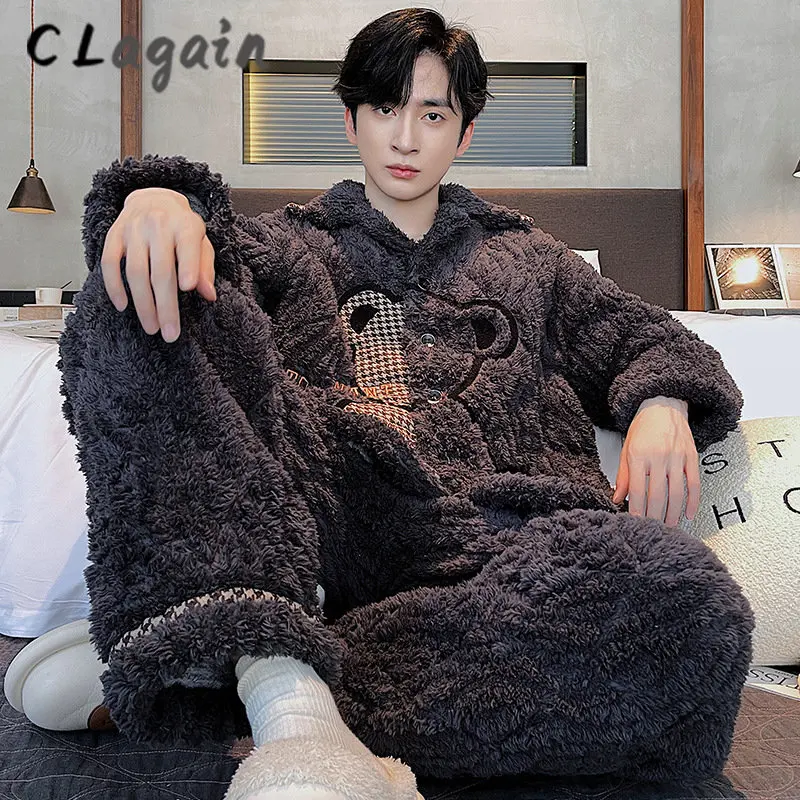 

Men's pajamas 2022 winter new coral velvet three-layer sandwiched cotton plus fleece thickened home clothes flannel suit