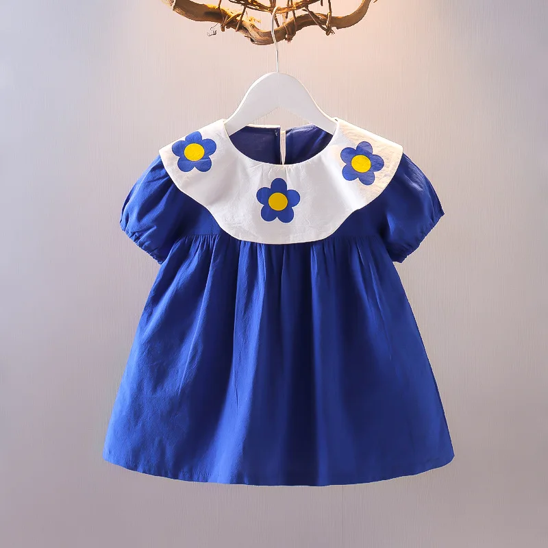 

Summer Newborn Baby Girl Dress Clothes for Kids Short Sleeved Peter Pan Collar 6M-4T Infant Toddler Princess Flower Blue Dresses