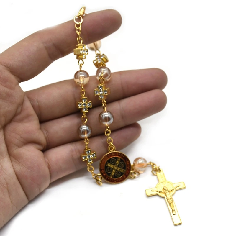 Braccialetti con Croce e Ali d'Angelo, Rosario Cattolico, Gioielli con Icone Sacre del Cuore di Maria, della Misericordia e di Gesù