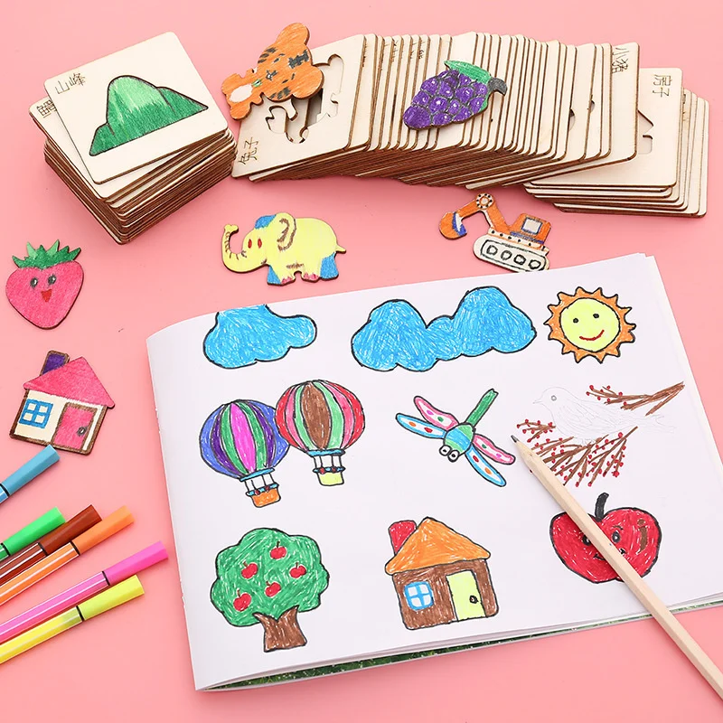 어린이 몬테소리 그림 장난감, 나무 DIY 그림 스텐실 템플릿 공예 장난감, 퍼즐 교육 장난감, 어린이 선물
