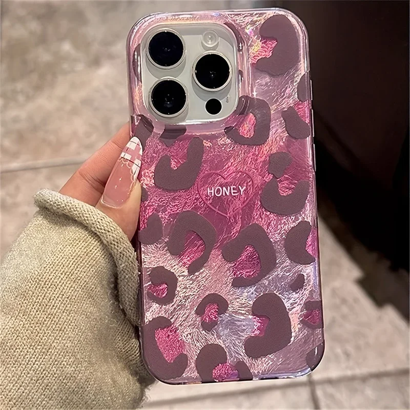 Chic Pink Leopard Print Heart Soft Phone Case