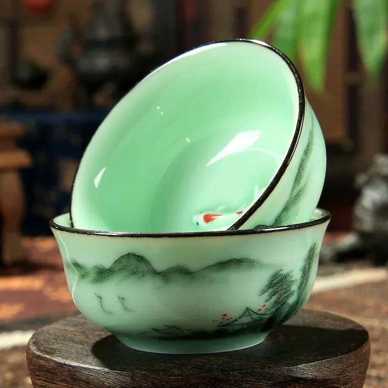 60ml Celadon Landscape/Orchid/Bamboo Rhyme Teacup Hand-painted Embossed Singer Carp Fish Creative Chinese Pu'er Cup 7*3.2cm