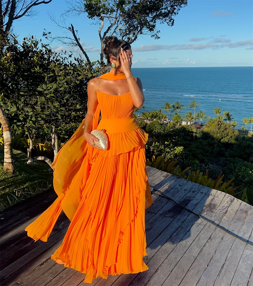 Cathy Customize Orange Draped Chiffon A-line Prom Dress Simple Strapless vestidos de noiva Floor-length Evening Dresses 2025 - Image 6