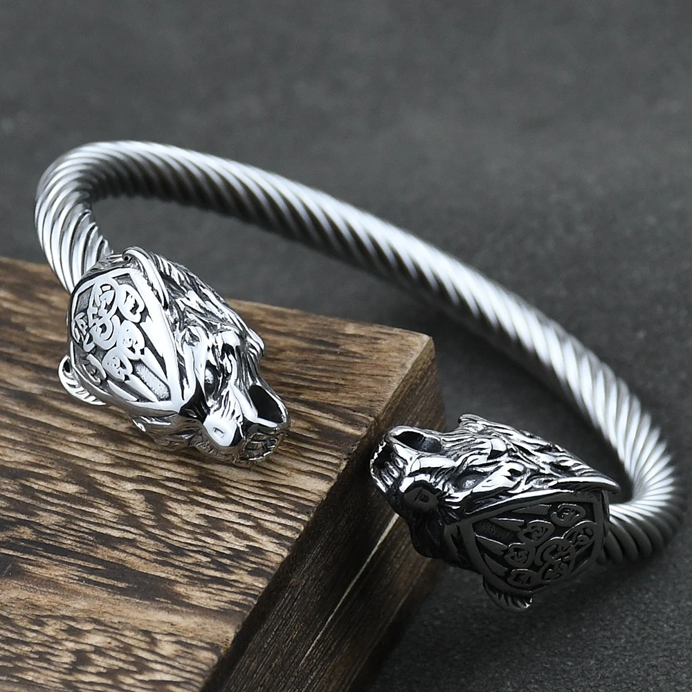 Men Stainless Steel Viking Wolf Geri and Freki Bear Paw Head Bangle amulet Bracelets for Male Gift 4