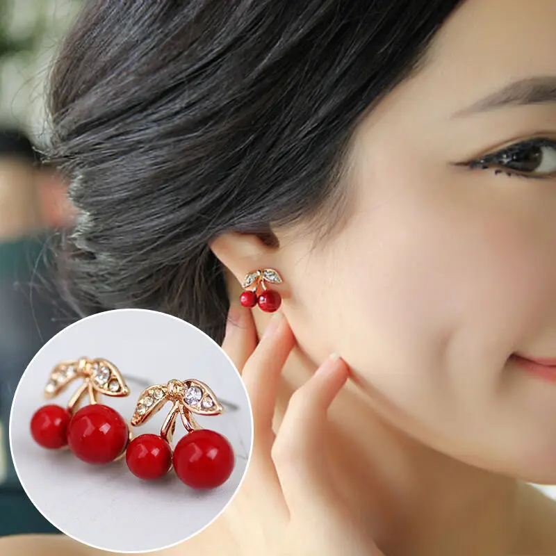 

Cute Red Cherry Push-back Stud Earring Women's Rose Gold Plated Crystal Jewelry