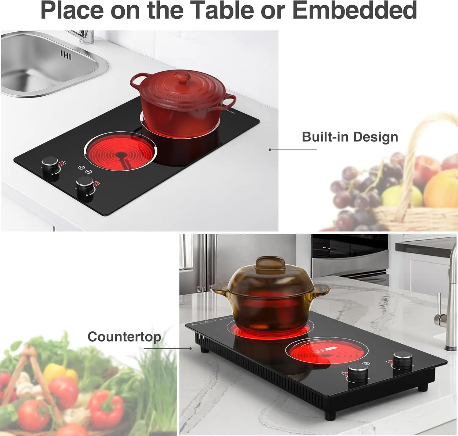 Electric Cooktop,110V 2100W Electric Stove Top with Knob Control, 10 Power Levels, Kids Lock & Timer, Hot Surface Indicator