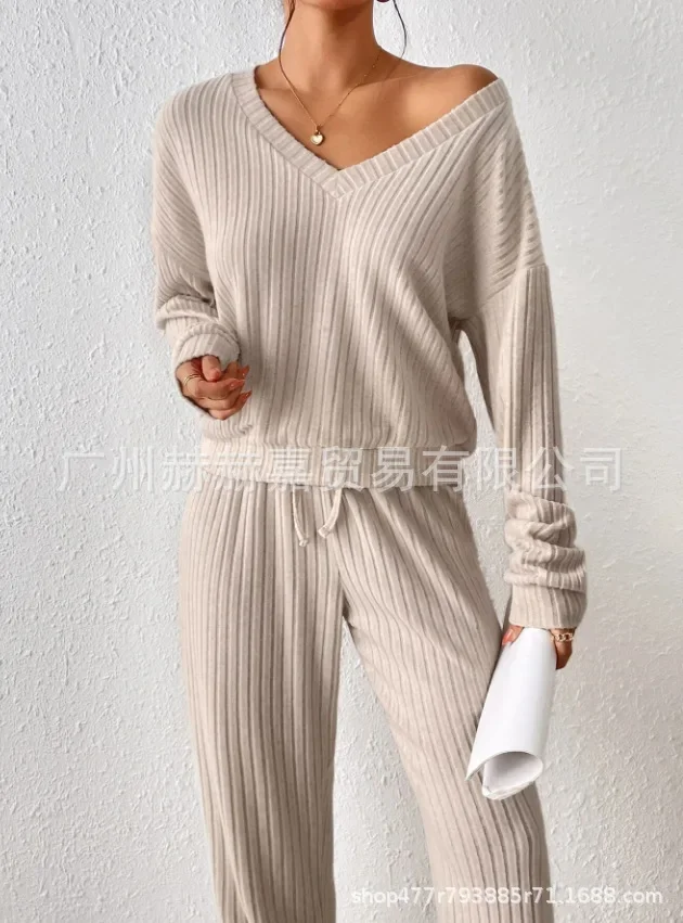 

Two Piece Set for Women Autumn New Fashion Casual Straight Leg Pants with Loose Temperament V-neck Pit Stripe Knitted Cover