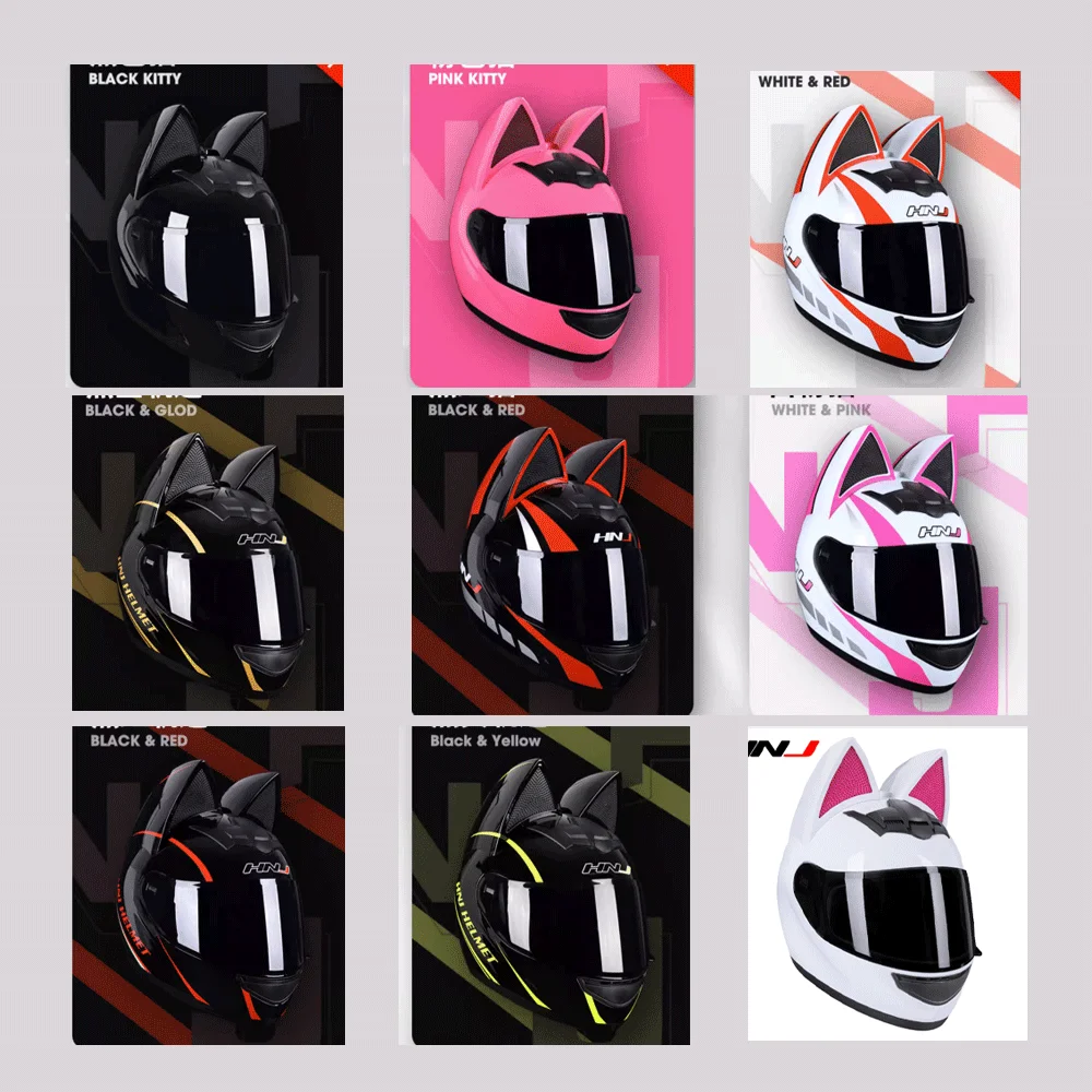 Hnj-フルフェイスバイクヘルメット,通気性,取り外し可能な猫の耳