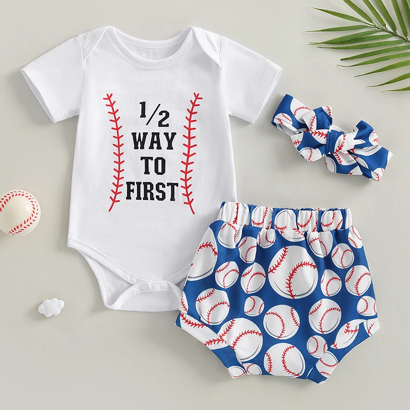 

2023-05-04 Lioraitiin 0-18M Infant Baby Girl 3Pcs Clothes Letter Pattern Short Sleeve Crew Neck Romper Baseball Print Shorts