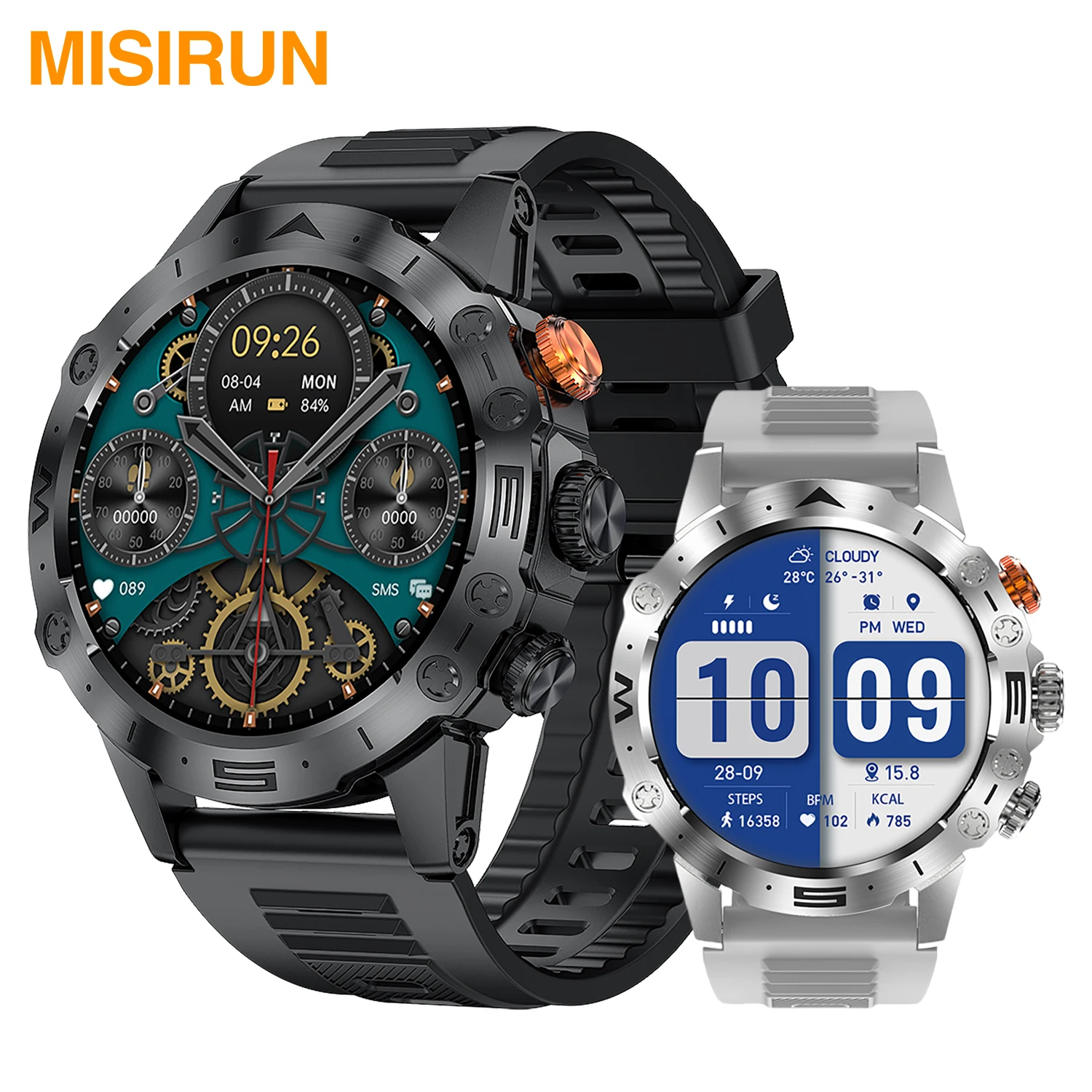 MISIRUN 남성용 군사 야외 스마트 워치, 블루투스 통화, 스포츠 피트니스 트래커, AI 음성 어시스턴트, 건강 모니터링 스마트워치