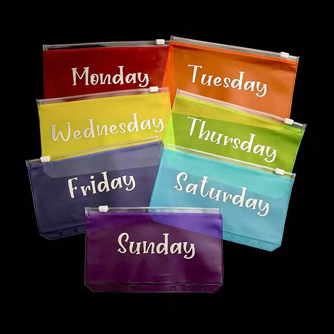 

7Pcs Week English Colorful Zipper Binder Pockets for A6 Budget Binder 6 Holes Notebook, Waterproof PVC Money Envelopes Organizer