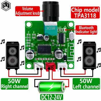 XH-A414 DC12-24V 5.0 Bluetooth digital amplifier board 50W+50W onboard TPA3118D2 amplifier chip 50K dual potentiometer 1