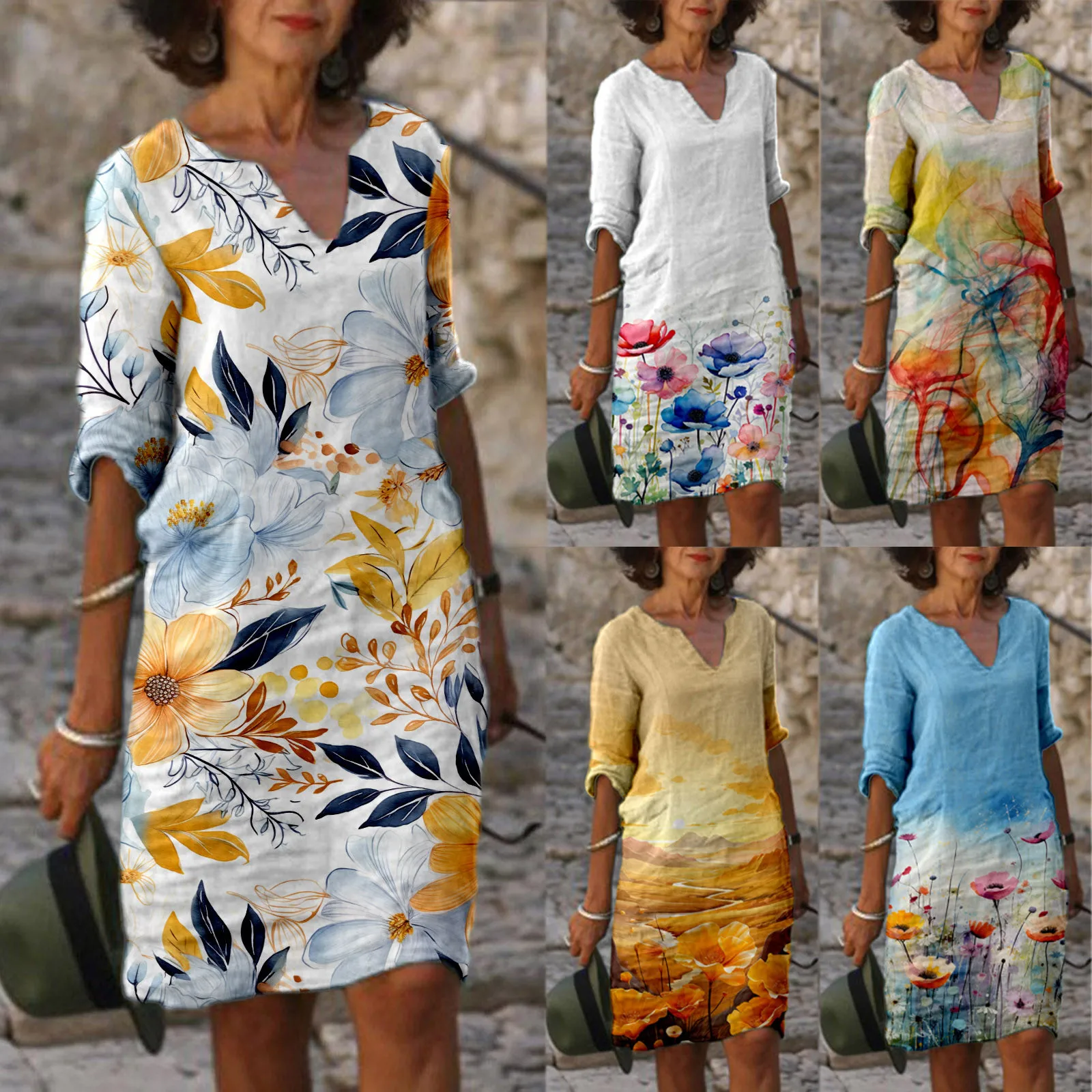 

Women Casual V Neck Elegant Retro Printed Medium Sleeved Casual Dress Robe Femme Streetwear Cocktail Evening Formal Dress