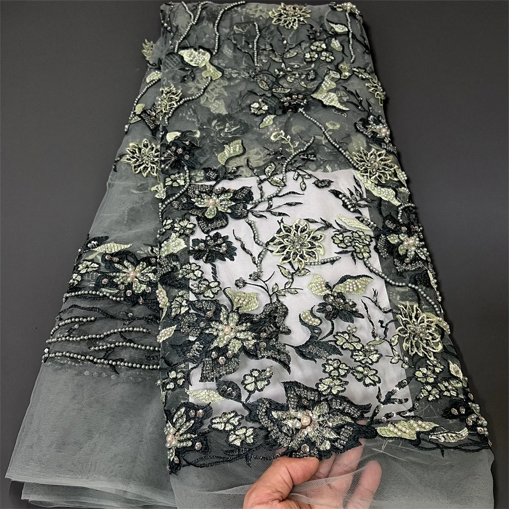 

African Fabrics Embroidery Dubai Beaded Sequins For Women Sewing Evening Dresses Green Luxury Mesh Lace Fabric By Meters 5Yards