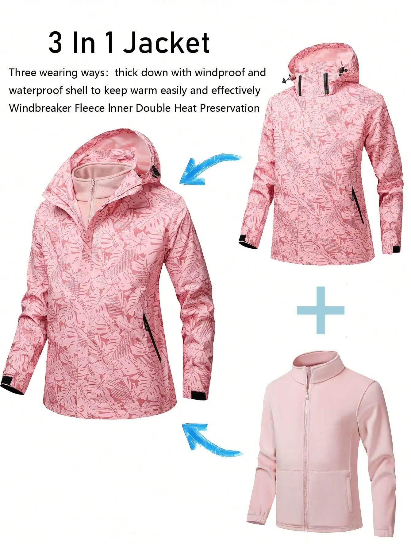 Women's 3-in-1 Multi-Purpose Windbreaker with Detachable Hood and Multiple Pockets