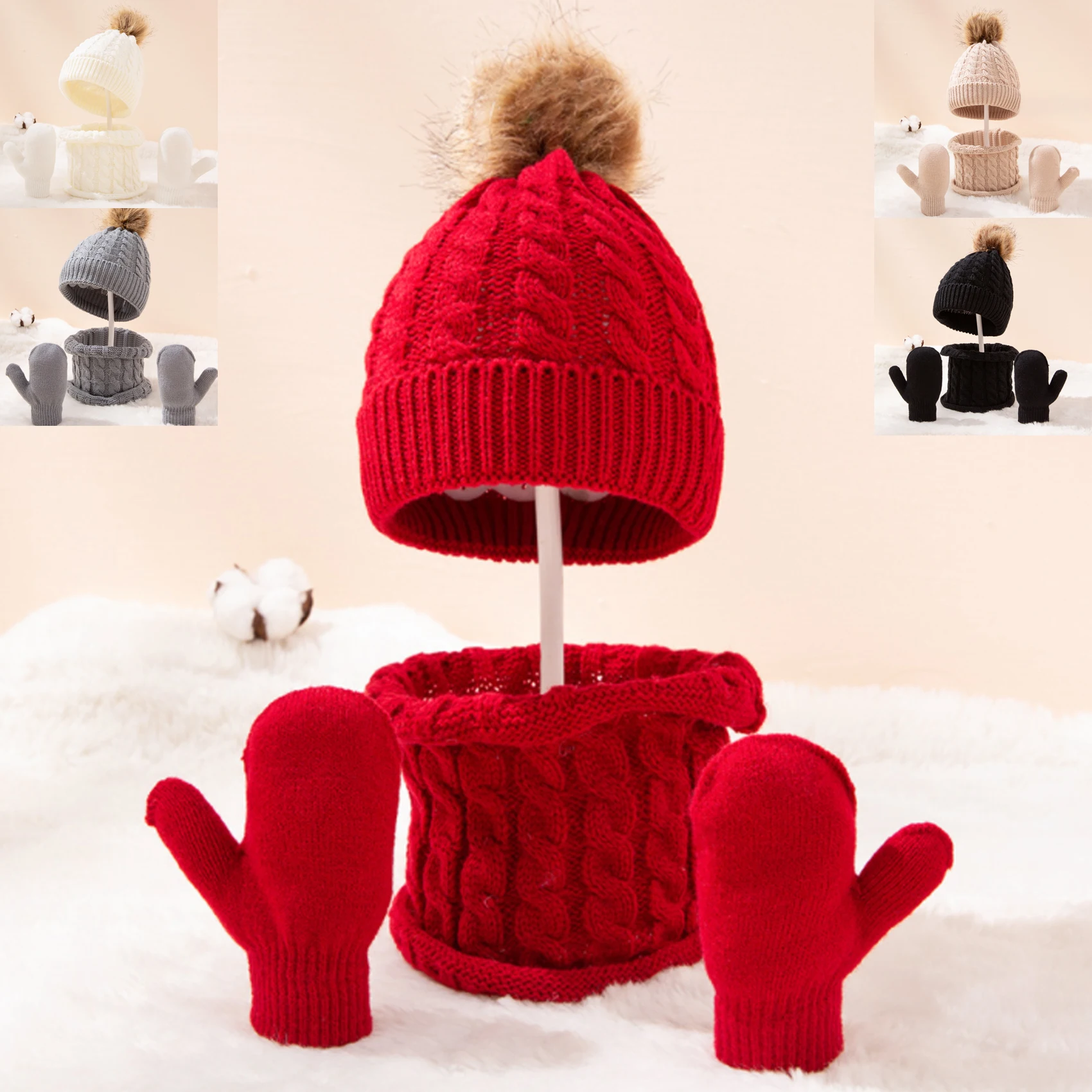 Knitted Hat Kids Knitted Set 3PCS/Set Kid Winter Hat Scarf Mittens Set Toddler Knitted Girls Children Neck Warmer Boys Wool Outdoor Warm Skin-Friendly Gloves