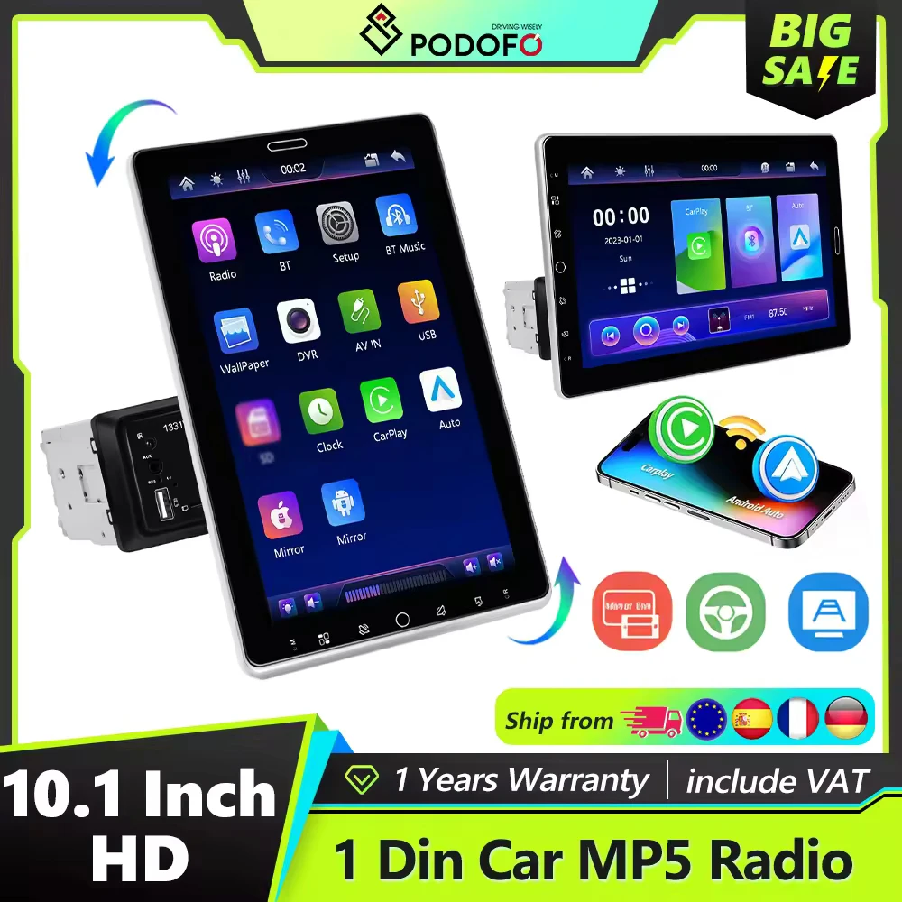 Autoradio Podofo 1Din 10.1'' avec Carplay, Android Auto, Mirror Link, GPS, navigation, lecteur multimédia universel, Bluetooth, radio FM, lecteur de carte TF, USB et égaliseur. 1