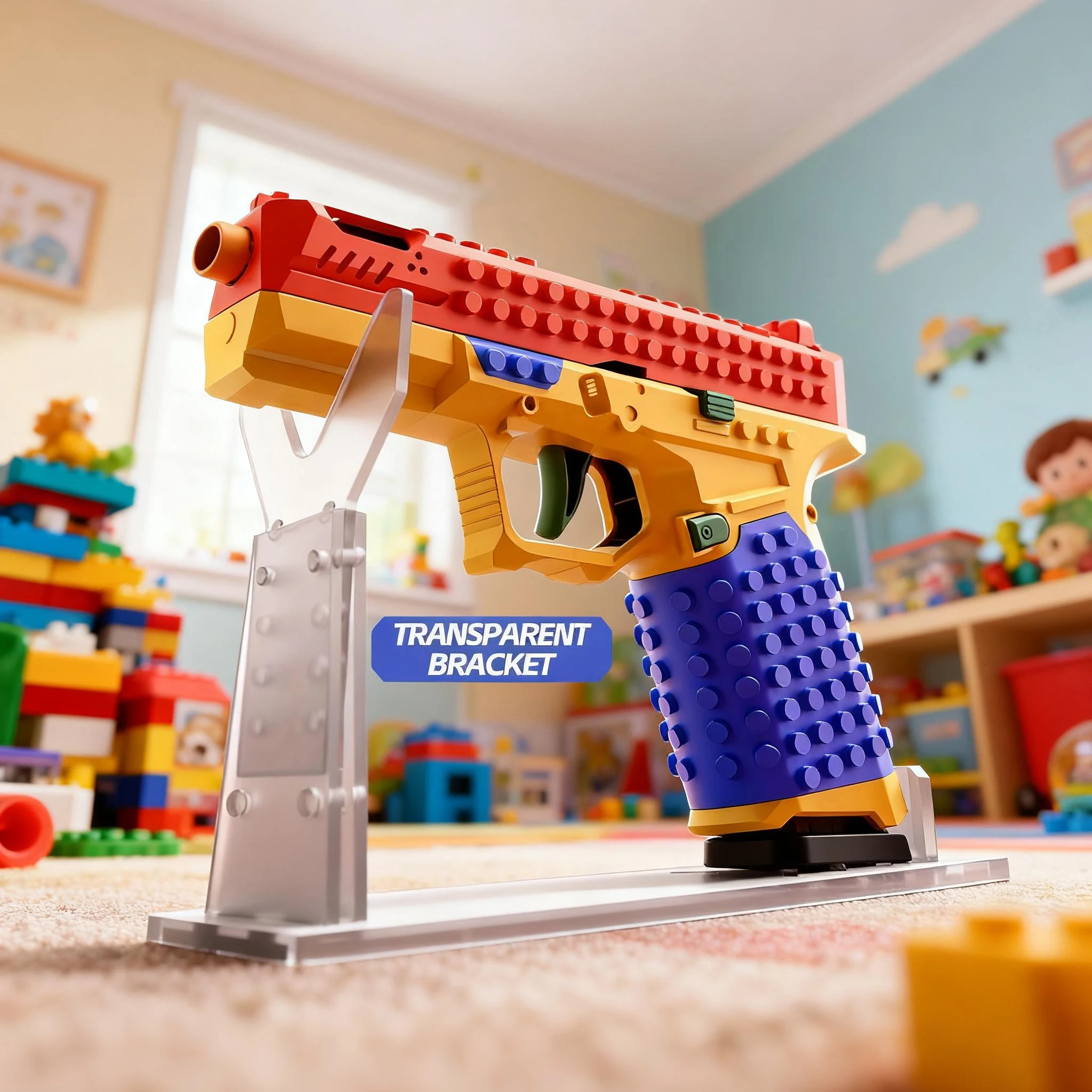 Building block gun. A blue, yellow and red gun. Toy guns can be fired ...