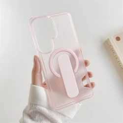 Matte Magnetic Phone Case with Card Holder and Finger Strap - Soft Silicone Frosted Back Cover - Galaxy S26+ (Pink)
