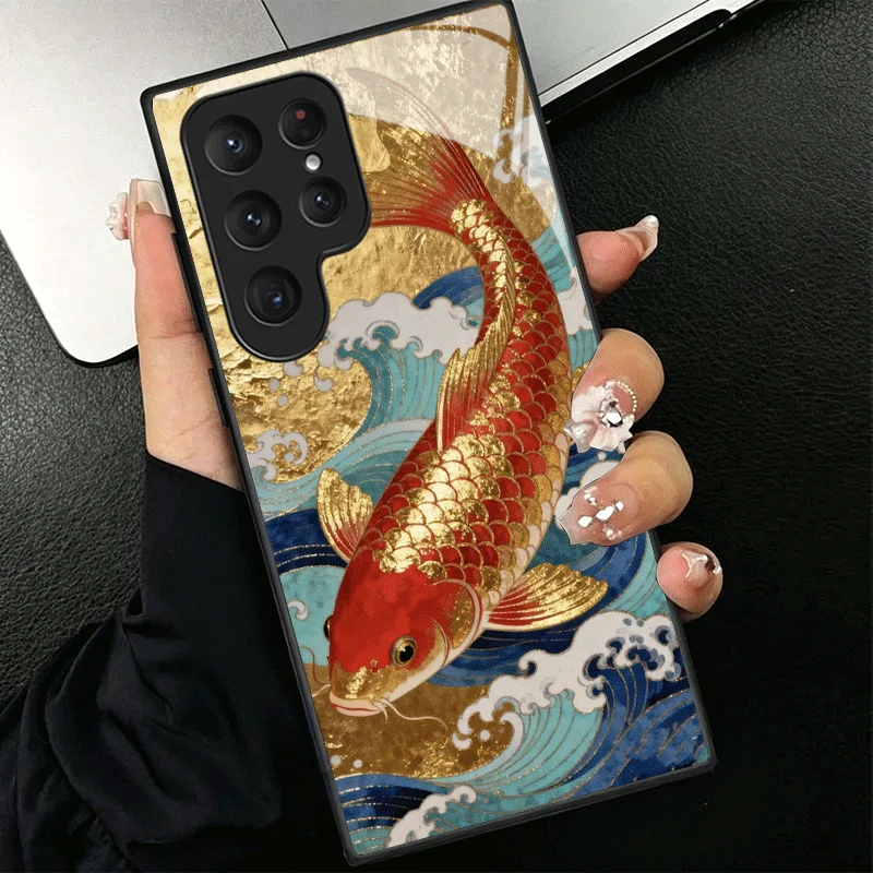 Golden Carp Lucky Koi Glass Phone Case - Shockproof Cover Shell