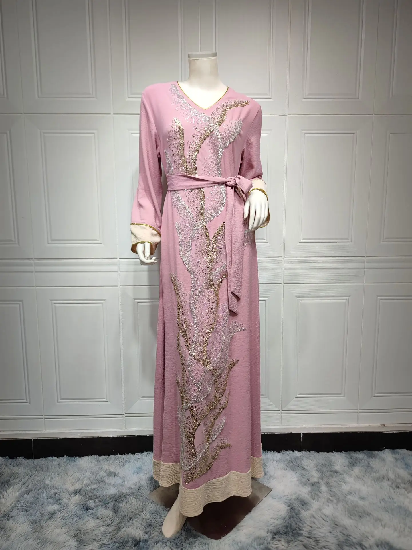 Abaya Muslim Fashion Mesh Diamonds Patchwork Full Sleeve V-Neck Belted Clothing Casual Loose Moroccan Women Long Dress