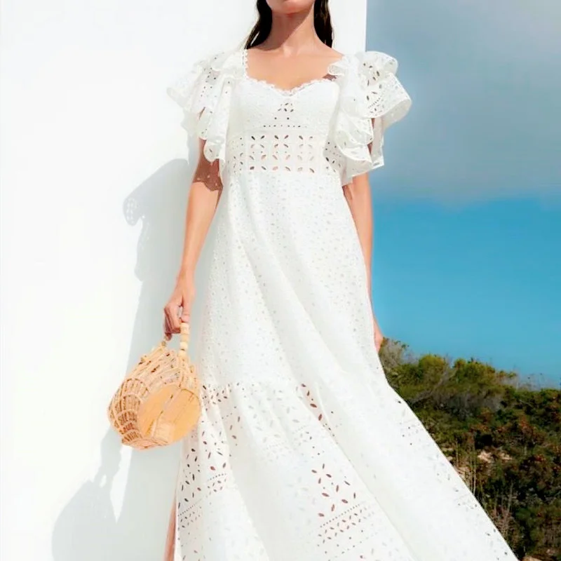 

2022 Summer Runway Ruffles Hollow Out Sexy Evening Lace Cotton Dress Women Midi Long Split Party Vestidos