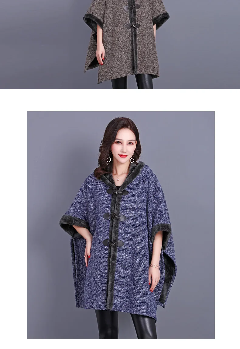 Description Picture 6 of item5 Color Women Winter Thick Warm Cloak Loose Horn Button Poncho Hat Big Pendulum Cape Oversize Cloak Long Coat With Velvet Lining