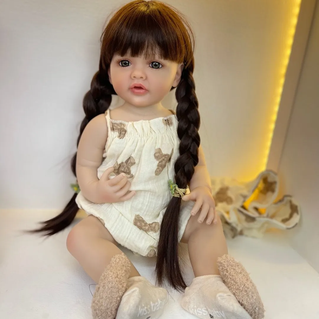 BZDOLL Realistic Lifelike Full Silicone Body Reborn Baby Girl Doll 55 CM 22inch Toy Princess Toddler Bebe with Brown Long Hair 3